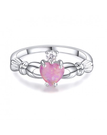 Heart Sterling Silver Lab Created Pink Opal Claddagh Ring